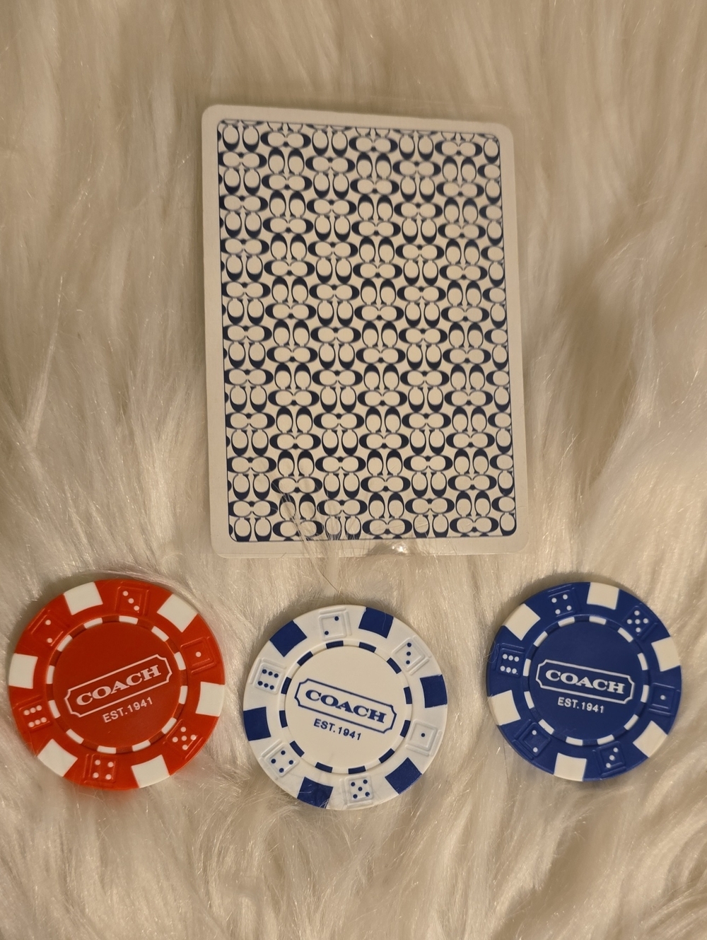 COACH Poker Chip Set with Blue, White & Red Chips 3 Chips And 1 Card